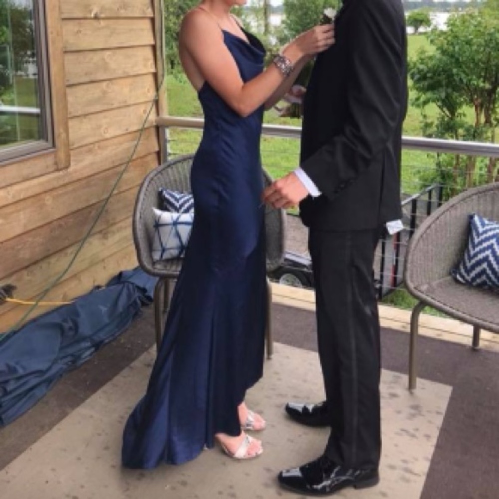 Jarlo London Navy Blue Prom Dress with Train